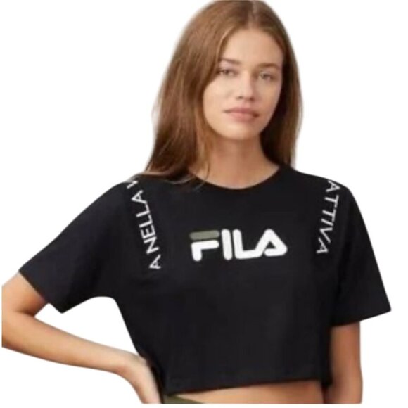 Fila Tops - Fila Black Crop Top Spellout Logo Relaxed Shoulder Cotton Sporty Streetwear
